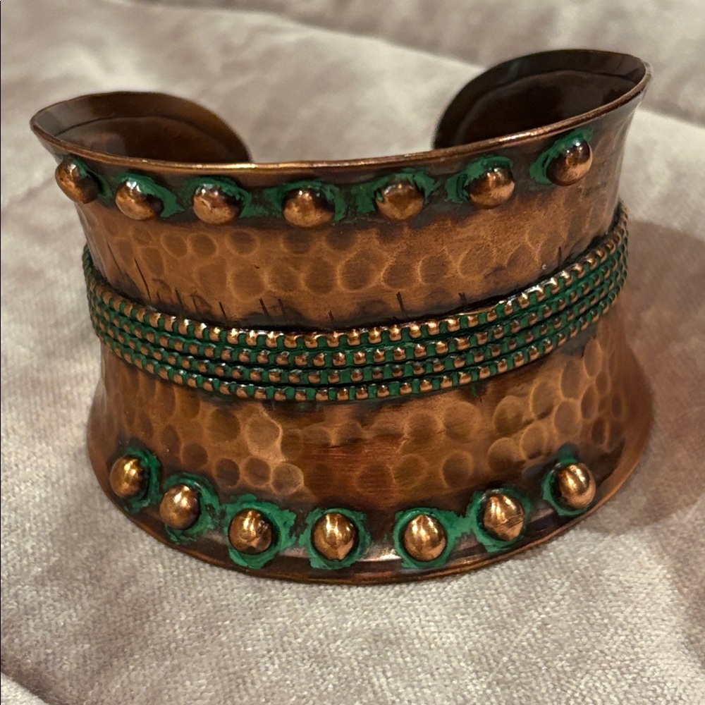 Artisan Hammered Copper Cuff Bracelet with Green Accented Design 7-8” Adjustable